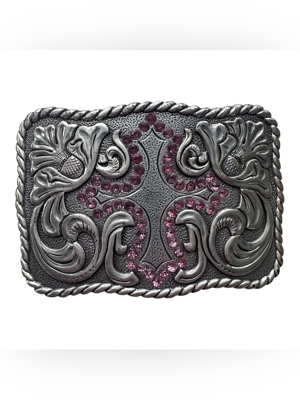 Vintage 2005 Enmon Ornate Cross Belt Buckle Pink Rhinestone Faith Western